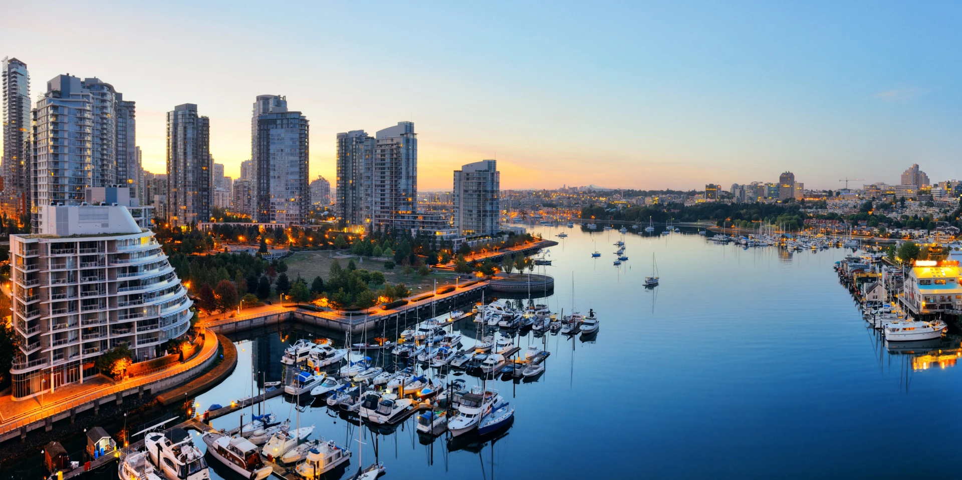 vancouver harbor view with urban apartment buildings bay boat canada